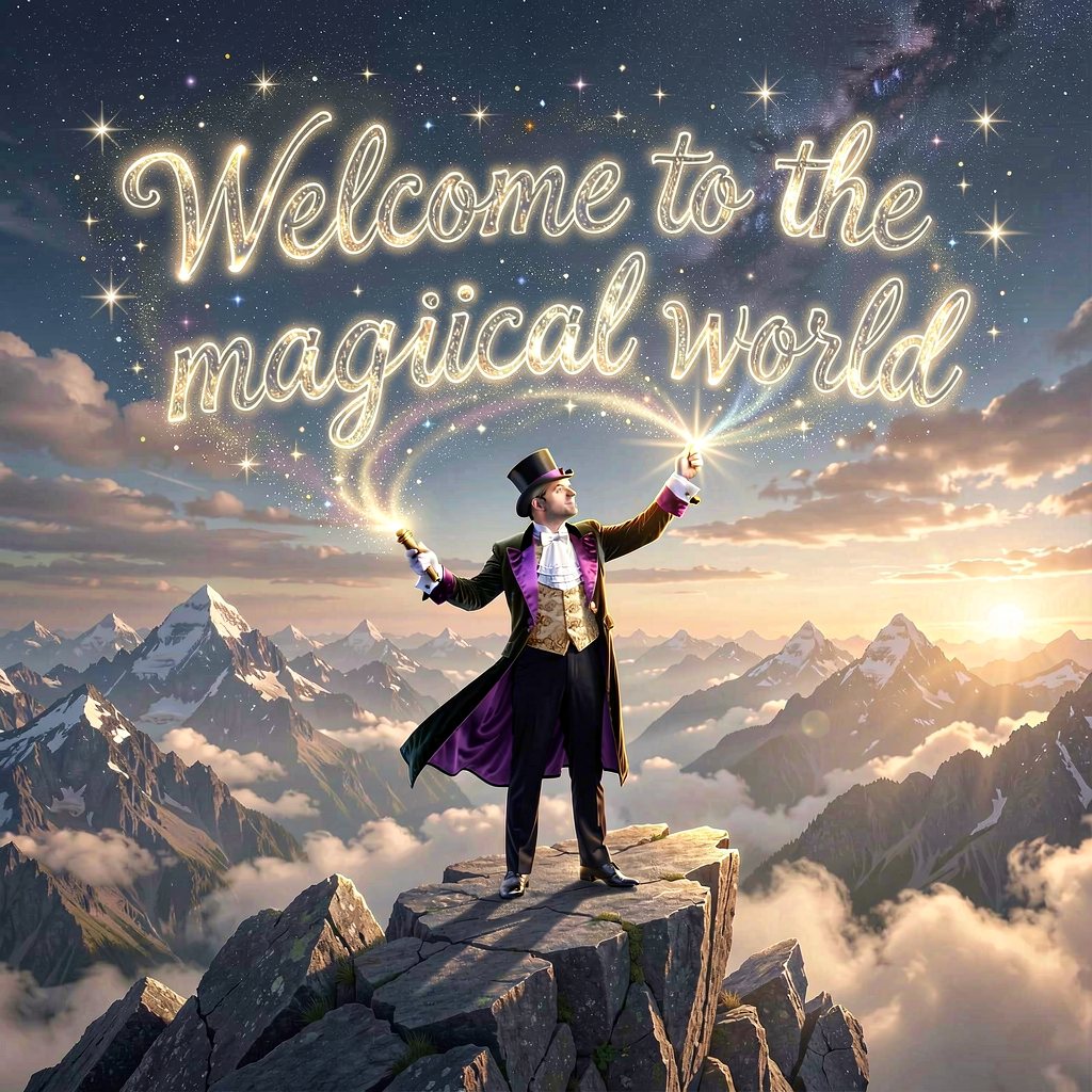A robed figure on a mountain summit raising a staff of light
