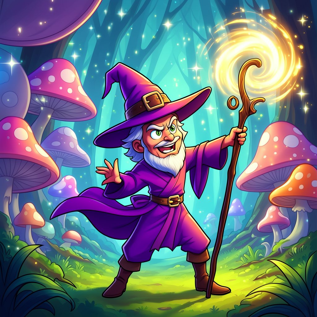 A cartoon wizard in a glowing mushroom forest