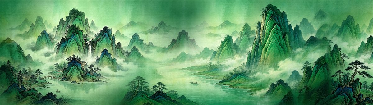 Layered blue-green mountains, waterways and small settlements