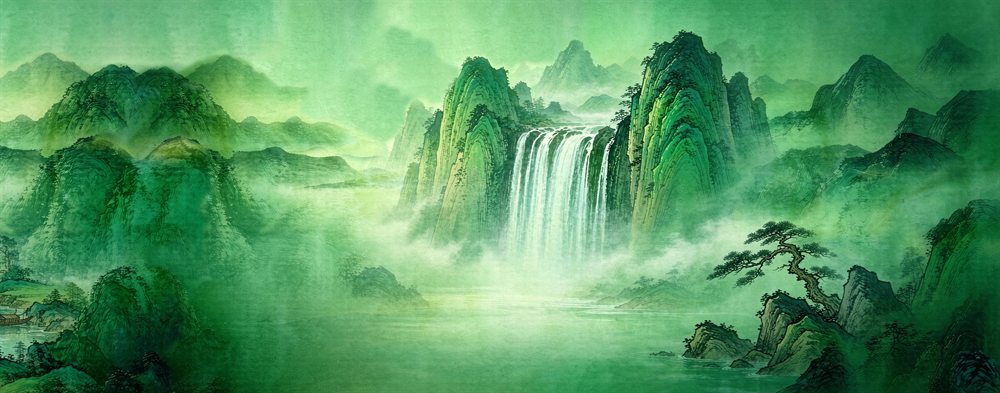 Blue-green mountain peaks, trees and a descending waterfall